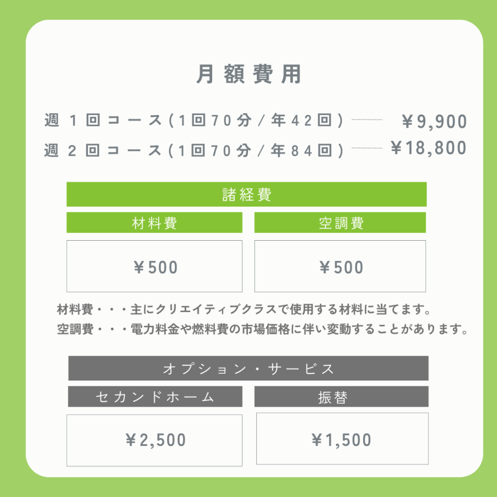 Egao English子供英会話教室　料金表